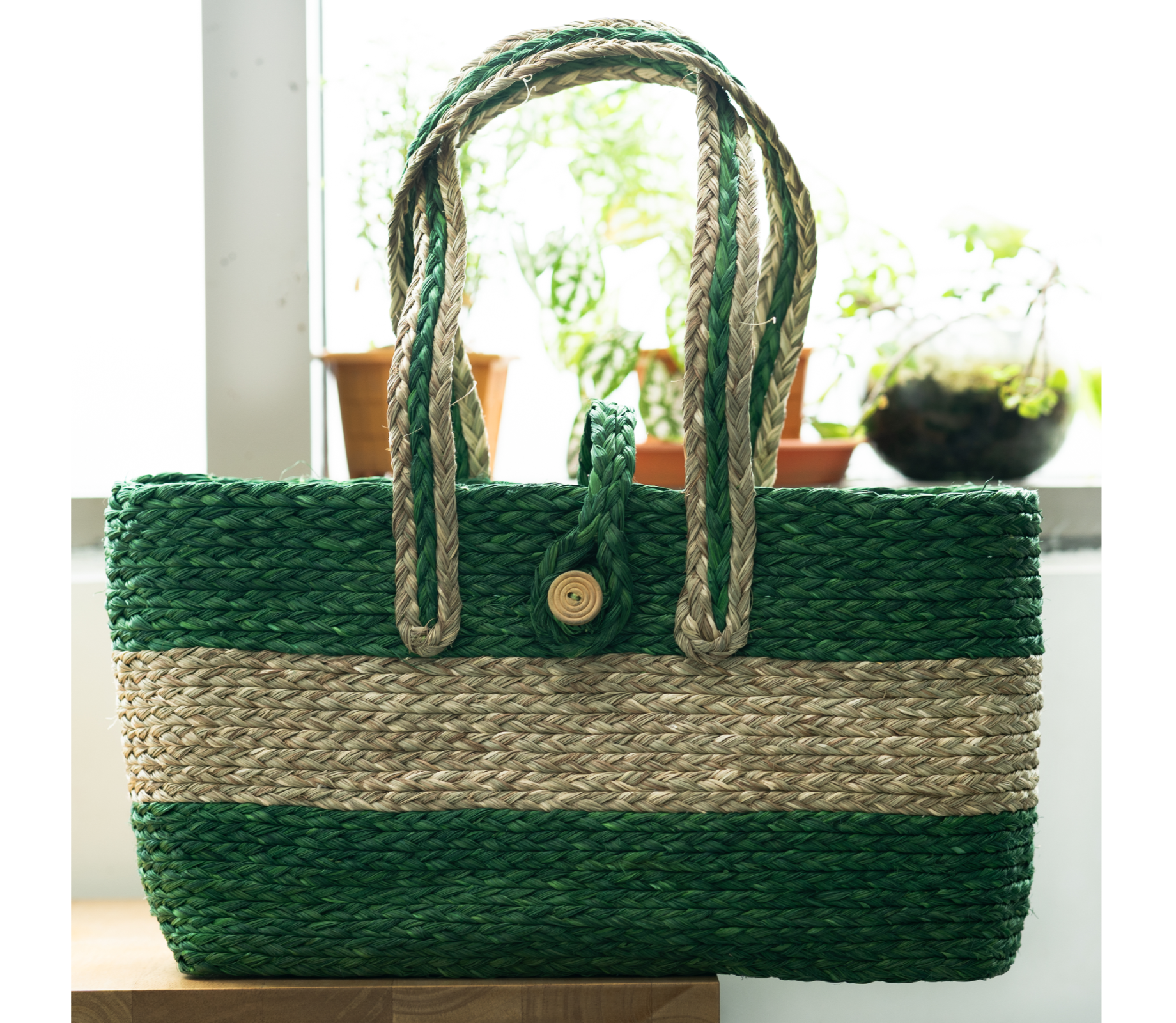 Rectangular Hand Bag of Sabai Grass - Natural & Green - ArtisanSoul