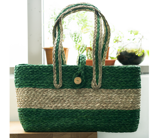 Rectangular Hand Bag of Sabai Grass - Natural & Green - ArtisanSoul