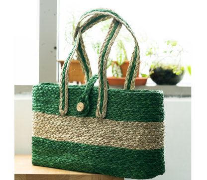 Rectangular Hand Bag of Sabai Grass - Natural & Green - ArtisanSoul