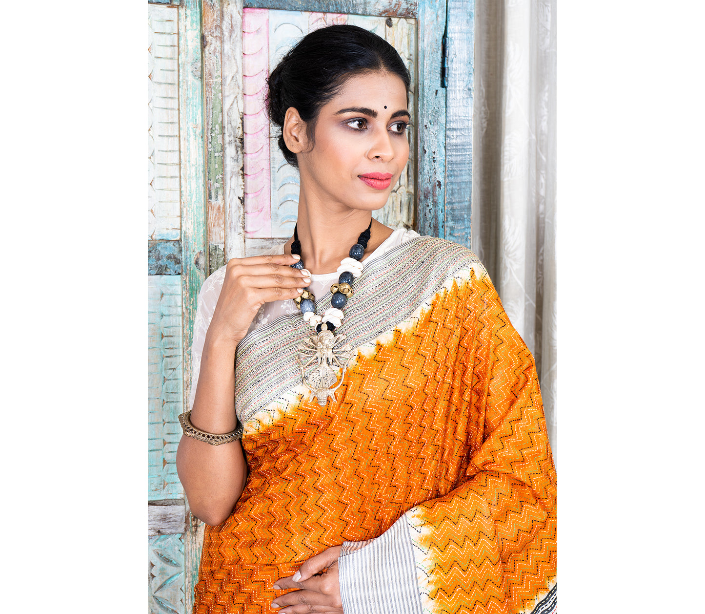 Kantha Stitch on Silk Saree with Jalchuri Pattern - Orange