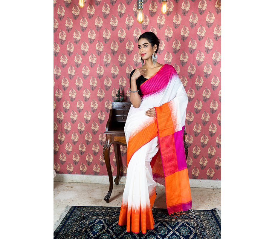 Handloom Saree With Ganga-Jamuna Par - Pink & Orange on White - ArtisanSoul
