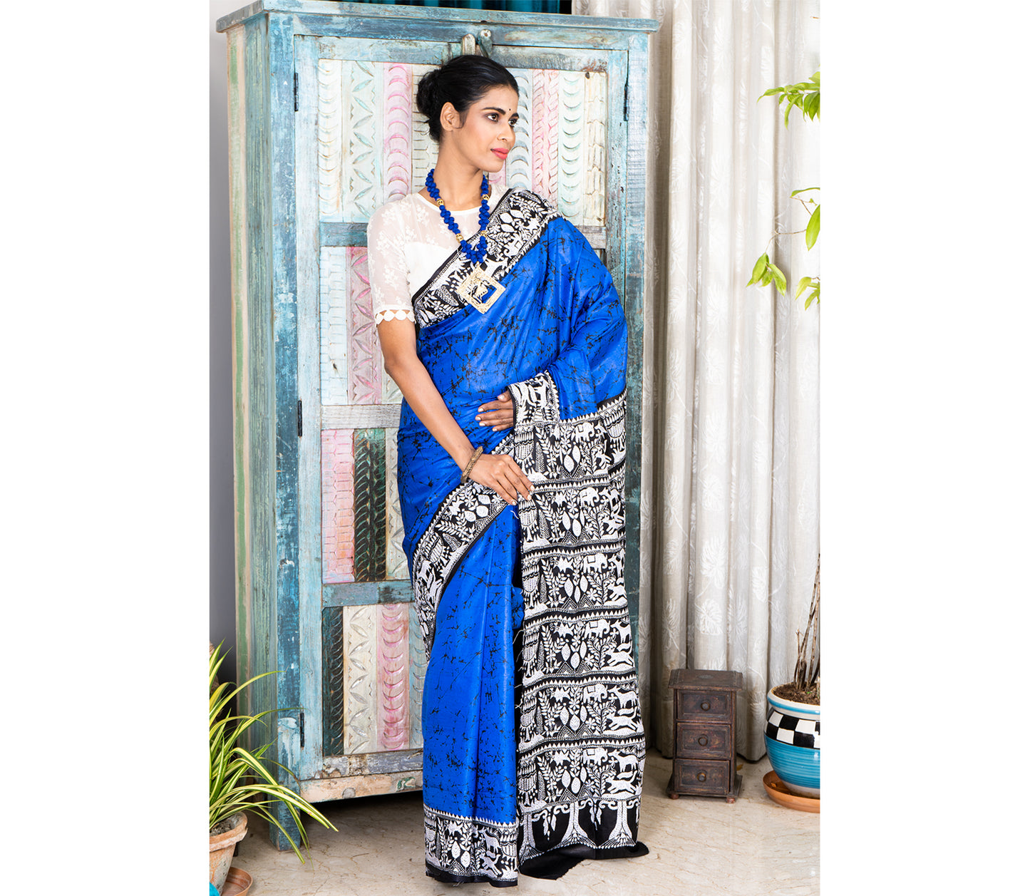 Kantha Stitch Work on Batik Printed Saree - Blue and Black