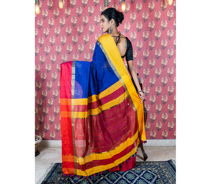 Handloom Saree with Red & Yellow Par on Blue