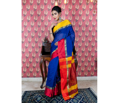 Handloom Saree with Red & Yellow Par on Blue