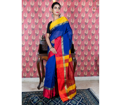 Handloom Saree with Red & Yellow Par on Blue