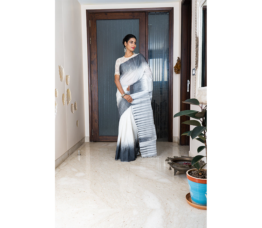 Handloom Ikkat Saree - Black on White - ArtisanSoul