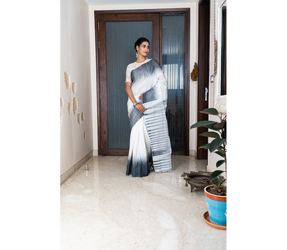 Handloom Ikkat Saree - Black on White - ArtisanSoul