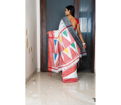 Handloom work on Linen Jamdani - White and Red