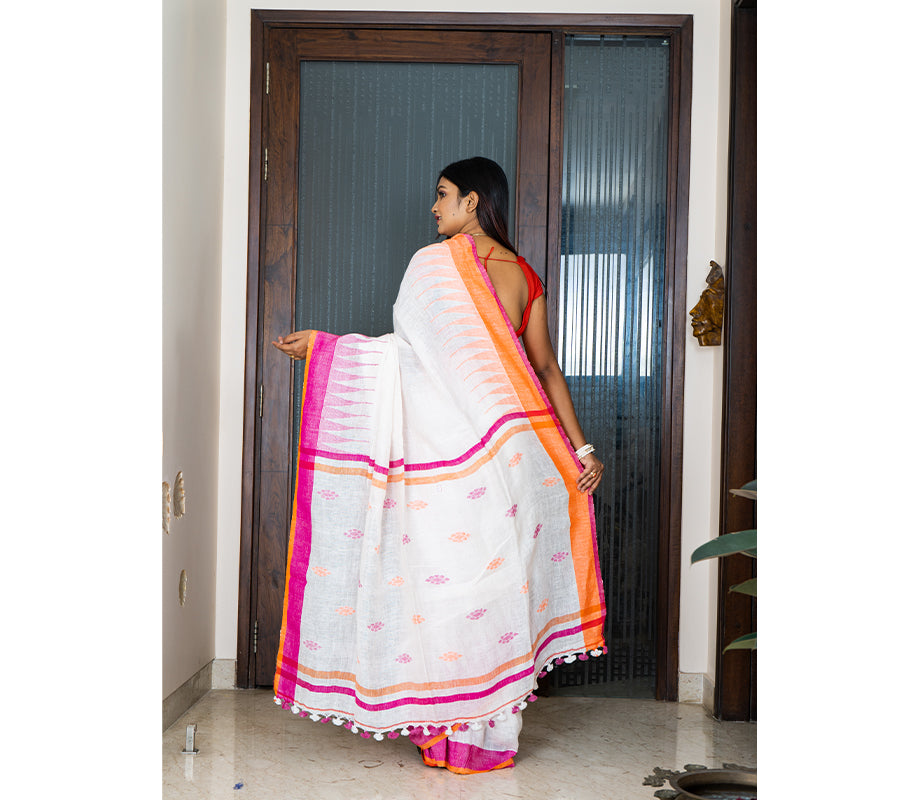 Linen Saree with Jamdani Work - Off White - ArtisanSoul