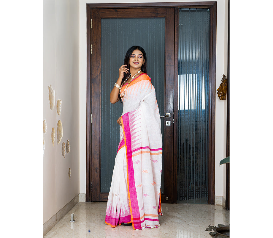 Linen Saree with Jamdani Work - Off White - ArtisanSoul