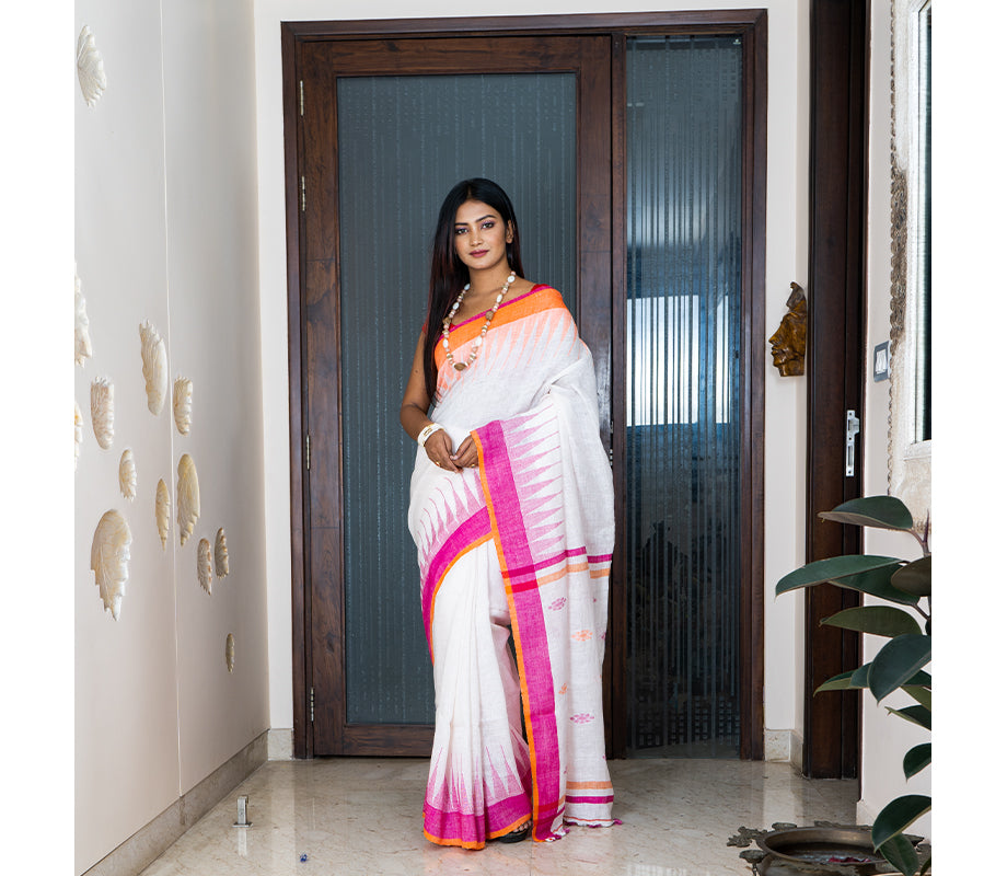 Linen Saree with Jamdani Work - Off White - ArtisanSoul