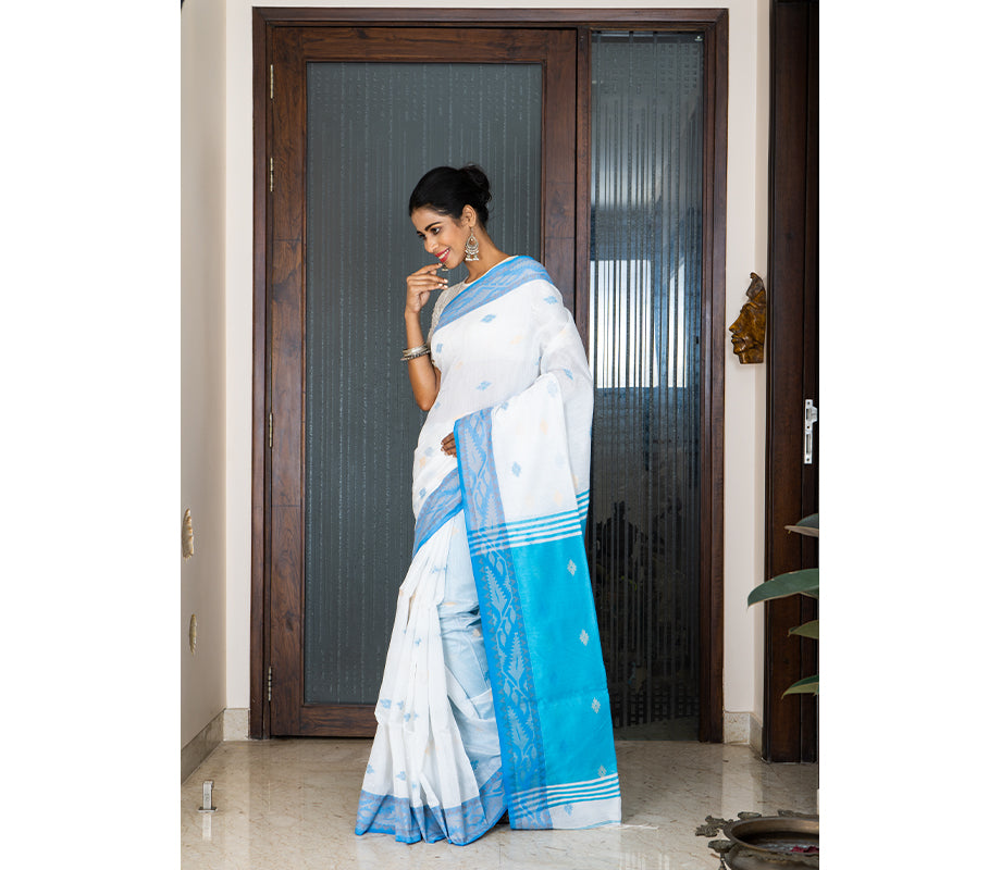 Handloom Saree with Work all Over the Saree - Blue and White