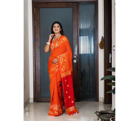 Linen Saree with Jamdani Work - Orange