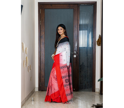 Handloom Cotton Saree with Anchal Kuchi Design in Red and Black on White - ArtisanSoul