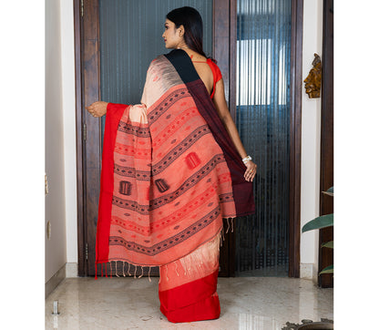 Handloom Cotton Saree with Anchal Kuchi Design in Red - ArtisanSoul