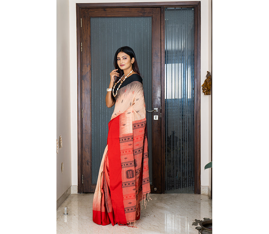 Handloom Cotton Saree with Anchal Kuchi Design in Red - ArtisanSoul