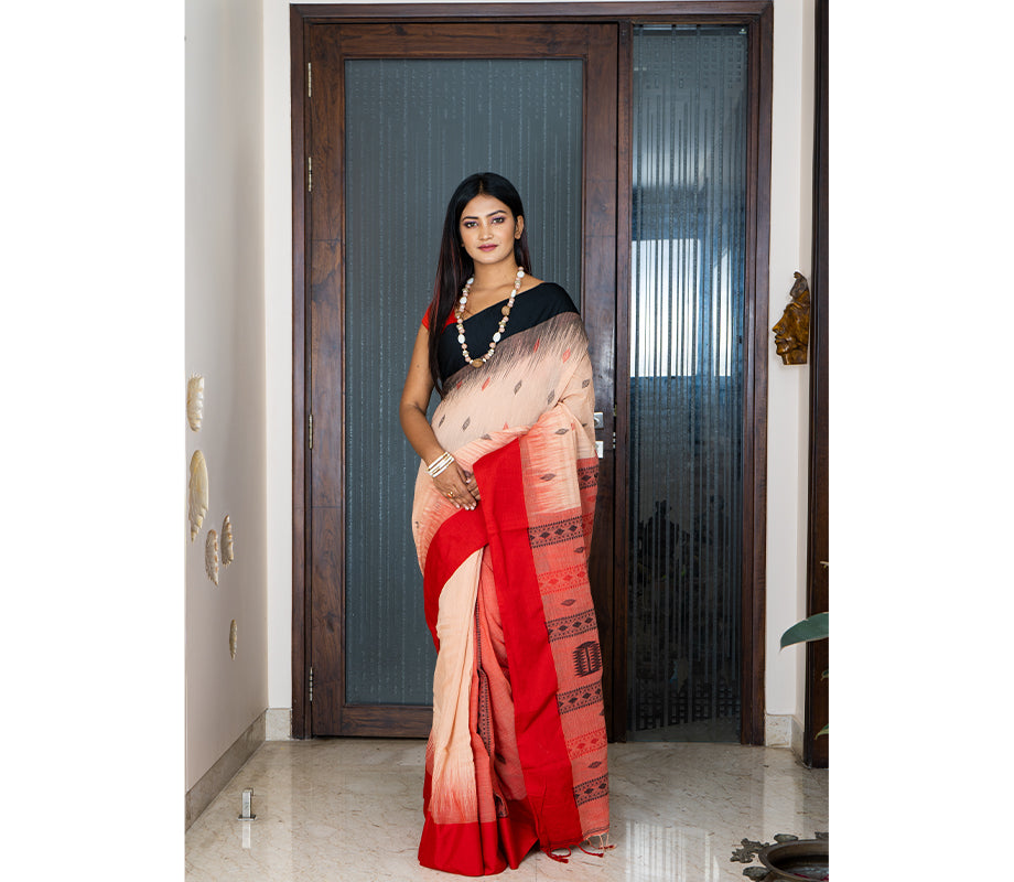 Handloom Cotton Saree with Anchal Kuchi Design in Red - ArtisanSoul
