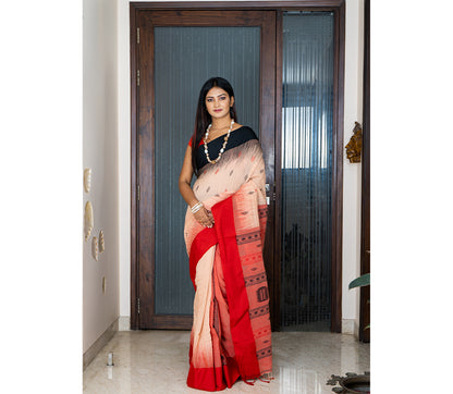 Handloom Cotton Saree with Anchal Kuchi Design in Red - ArtisanSoul