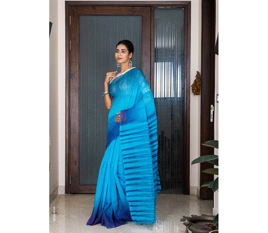 Handloom Ikkat Saree - Navy Blue on Blue - ArtisanSoul
