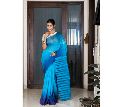 Handloom Ikkat Saree - Navy Blue on Blue - ArtisanSoul