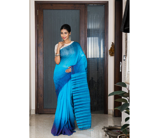 Handloom Ikkat Saree - Navy Blue on Blue - ArtisanSoul