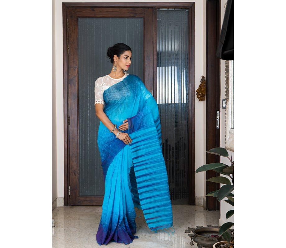 Handloom Ikkat Saree - Navy Blue on Blue - ArtisanSoul