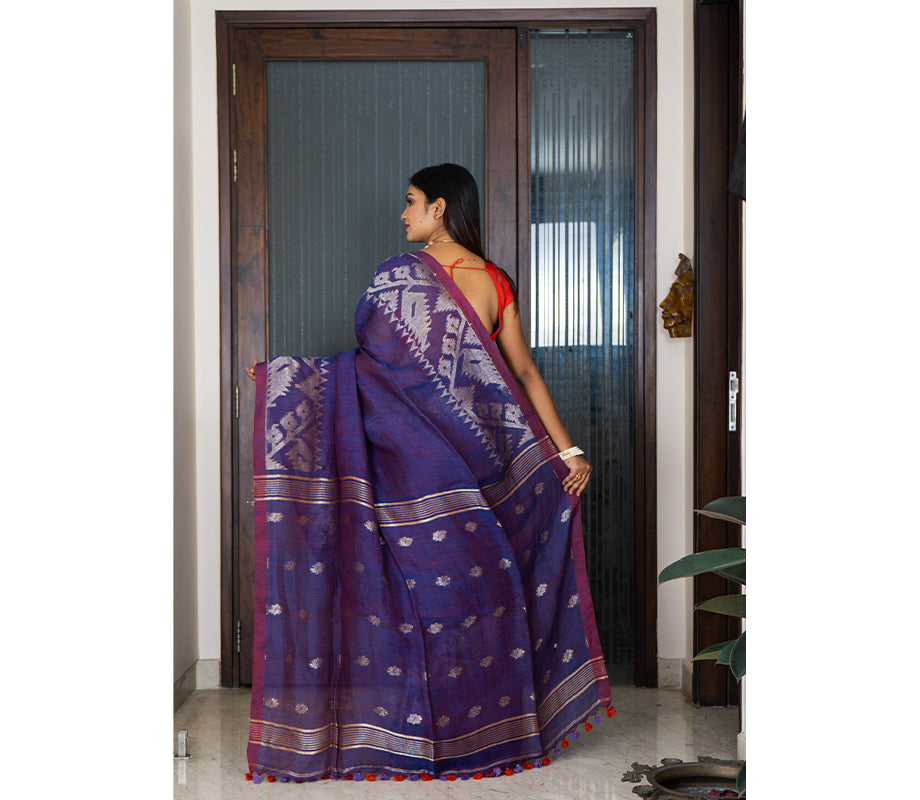 Linen Saree with Jamdani Work - Violet - ArtisanSoul