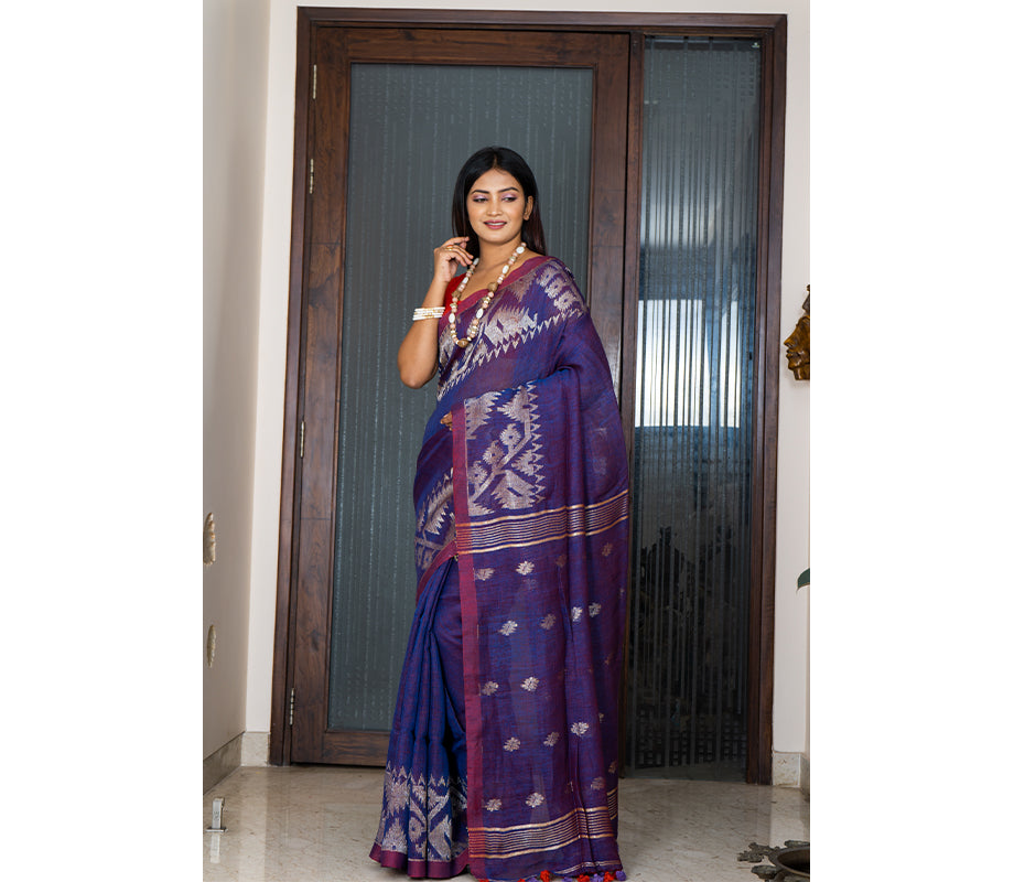 Linen Saree with Jamdani Work - Violet - ArtisanSoul