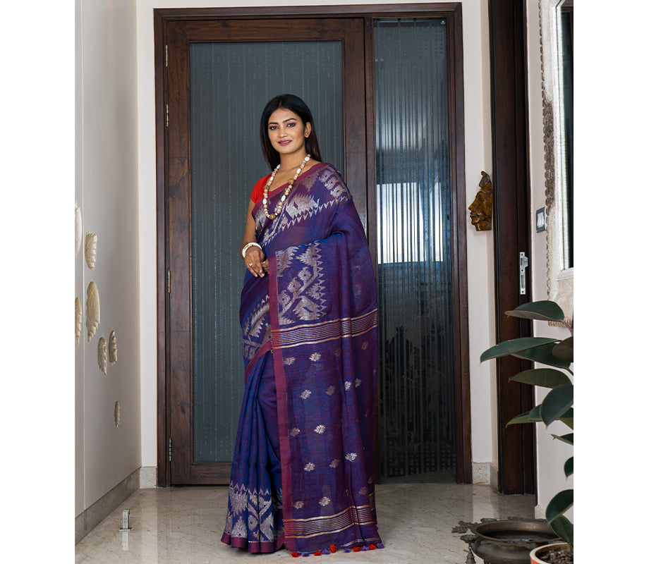 Linen Saree with Jamdani Work - Violet - ArtisanSoul