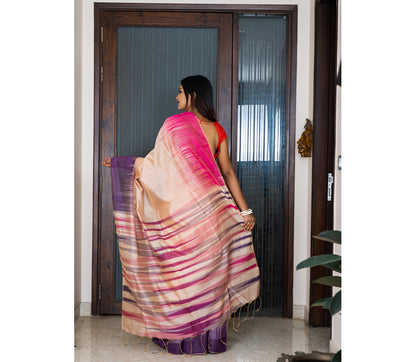 Handloom Ikkat Saree - Pink and Navy Blue on Peach - ArtisanSoul