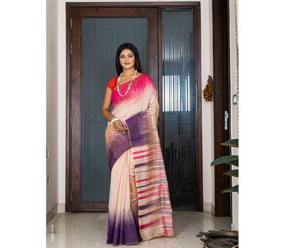 Handloom Ikkat Saree - Pink and Navy Blue on Peach - ArtisanSoul