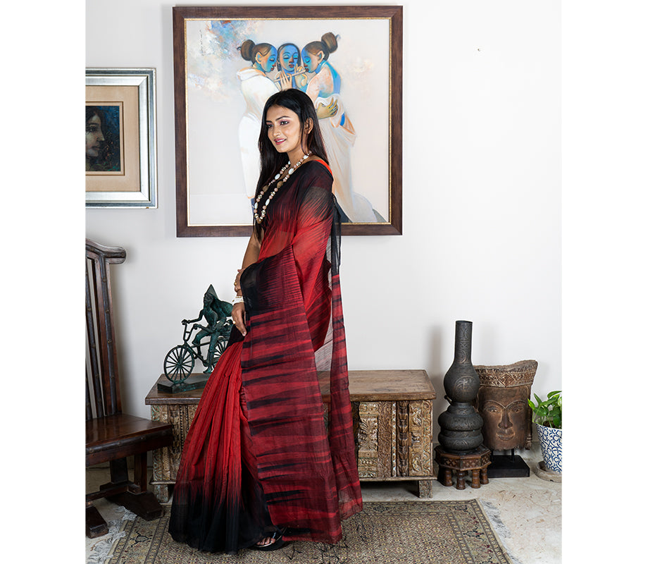 Handloom Ikkat Saree - Black on Brick Red