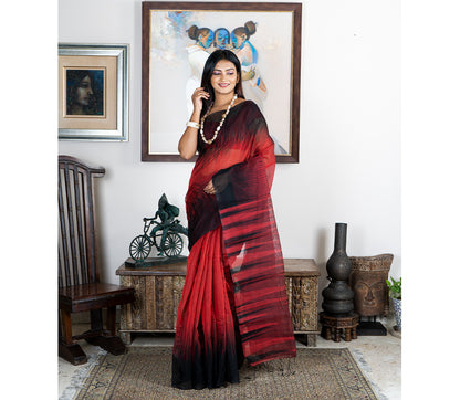 Handloom Ikkat Saree - Black on Brick Red