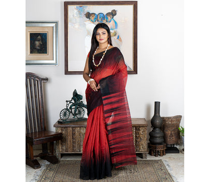 Handloom Ikkat Saree - Black on Brick Red