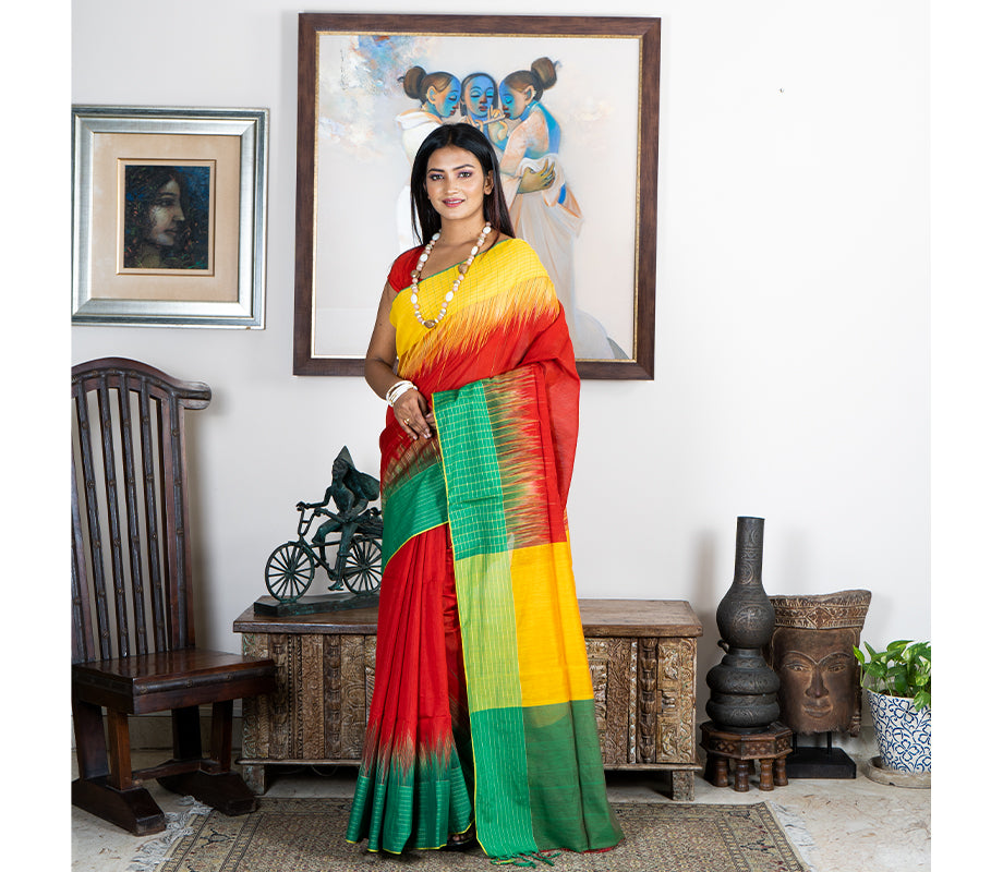 Handloom Saree With Ganga-Jamuna Par - Yellow & Green on Red