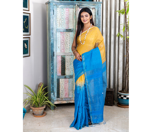 Handloom Silk Saree - Ochre and Blue