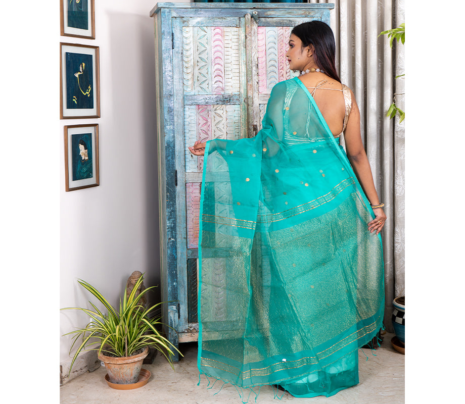 Handloom Muslin Silk Saree - Cyan Blue - ArtisanSoul