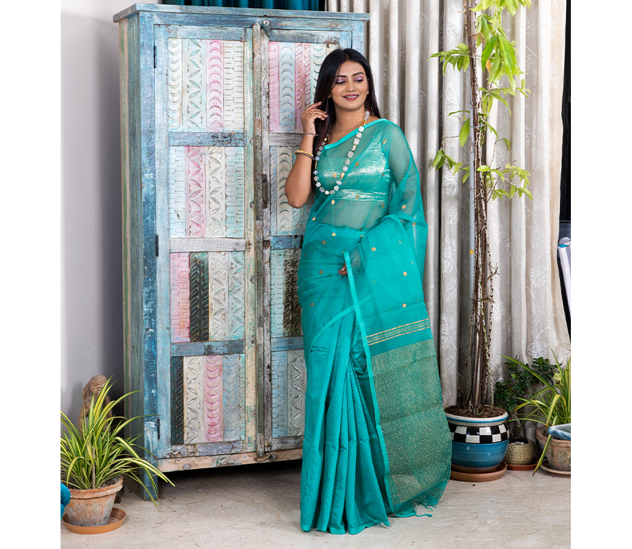 Handloom Muslin Silk Saree - Cyan Blue - ArtisanSoul
