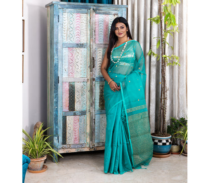 Handloom Muslin Silk Saree - Cyan Blue - ArtisanSoul