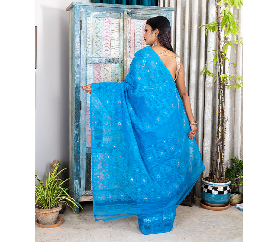 Handloom Jamdani Saree With all Body Work - Blue