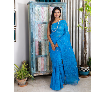 Handloom Jamdani Saree With all Body Work - Blue