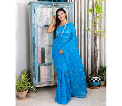 Handloom Jamdani Saree With all Body Work - Blue