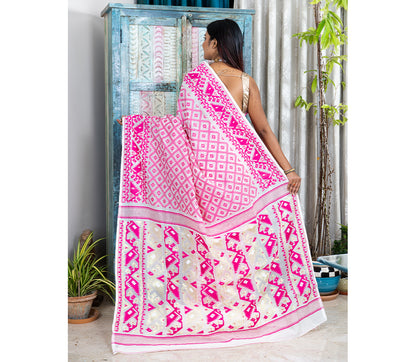 Handloom Jamdani Saree - Pink on White