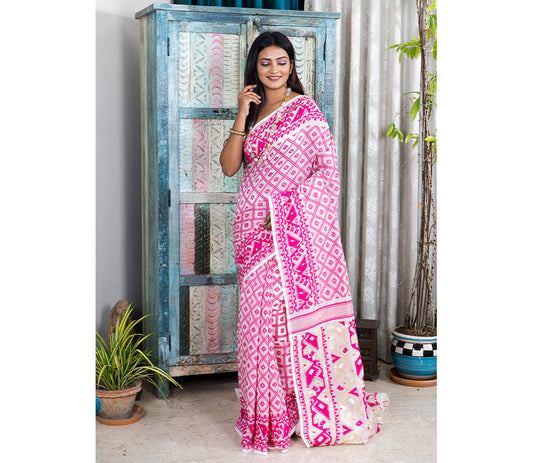 Handloom Jamdani Saree - Pink on White