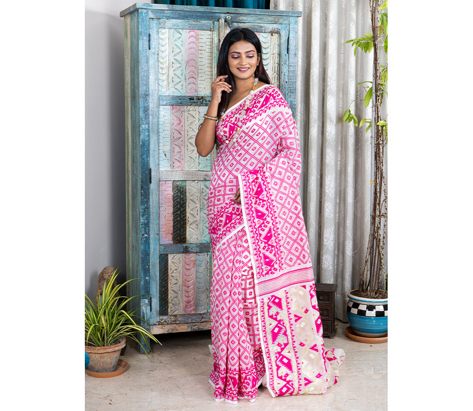 Off-White Handspun Handwoven Cotton Jamdani Saree – Balaram Saha