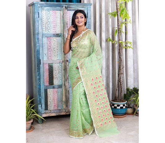 Handloom Muslin Silk - Green with Minakari Design