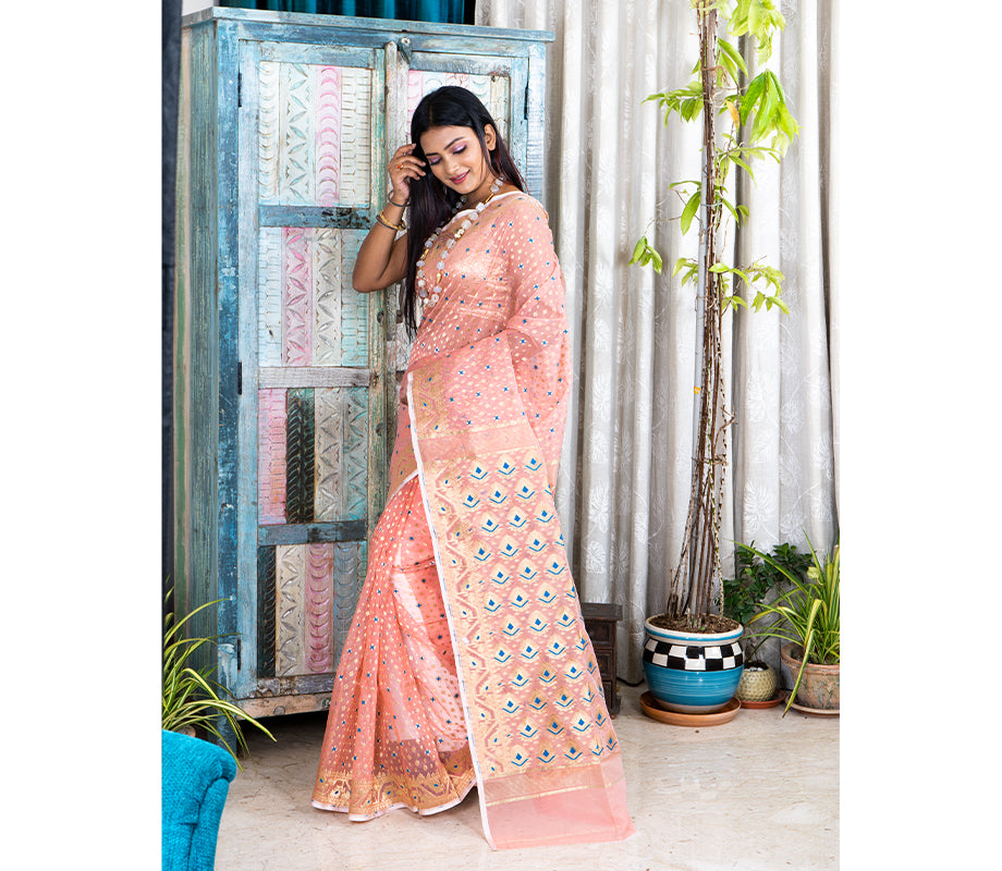 Handloom Muslin Silk - Pink with Minakari Design