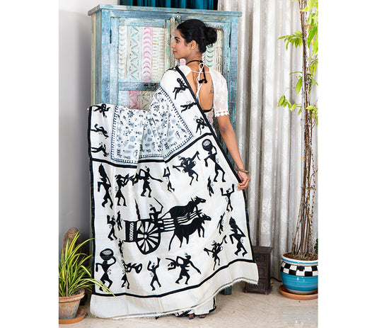 Kantha Stitch Applique Design Saree - Black on Tussar