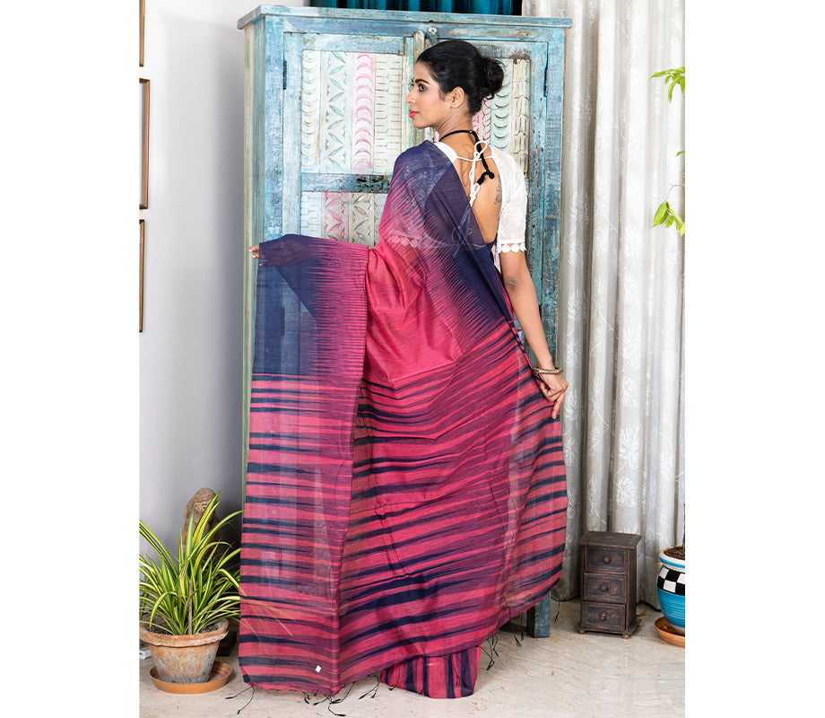 Handloom Ikkat Saree - Navy Blue on Mauve - ArtisanSoul