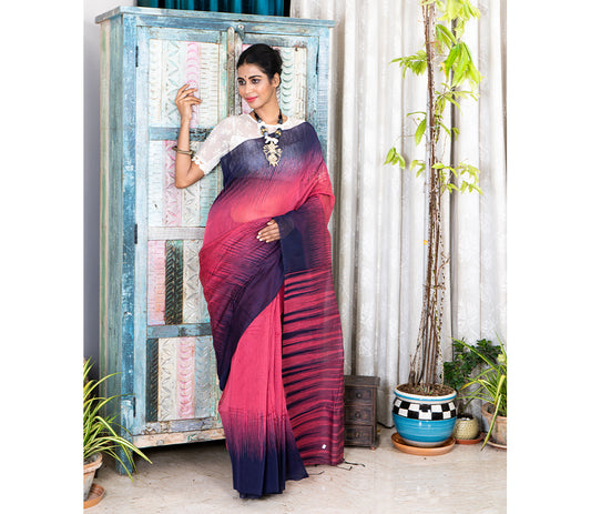 Handloom Ikkat Saree - Navy Blue on Mauve - ArtisanSoul